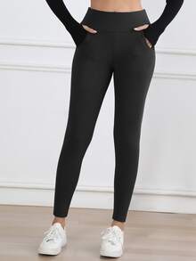 1 pieza Leggings térmicos de cintura alta para mujer en invierno, con bolsillos, lavables a máquina, de tela de punto