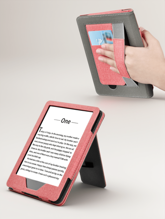 支架保护套适用于 7 英寸 Kindle Paperwhite 第 12 代 2024、6 英寸 Kindle 第 11 代 2024、Kindle Paperwhite 第 11 代 2021、Kindle 第 11 代 2022 发行版 6 英寸、带手带和卡槽的对开式保护套（粉色）