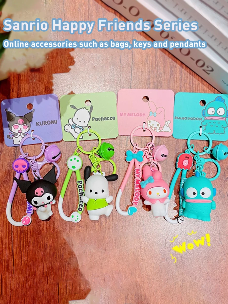 Sanrio Happy Friends 系列可爱钥匙扣吊饰，官方授权，PVC + 合金小雕像，可爱铃铛和蝴蝶结设计，款式包括 My Melody、Kuromi、Pochacco、Hangyodon，3D 收藏玩具配件单个、全套选择，可自由组合打造个性化风格，高约 6 厘米，OPP 袋包装，可爱吊坠，Sanrio 角色