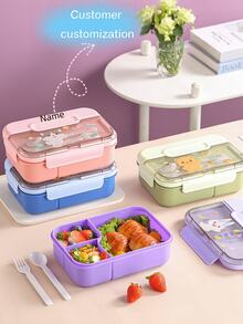 1pc Customizable Text Bento Box, Cute Cartoon Primary School Plastic Lunch Box, Sealed Salad Container, Compartment Lunch Box, Microwave , 4 Colors Available, Back To School Essential Lunch Box