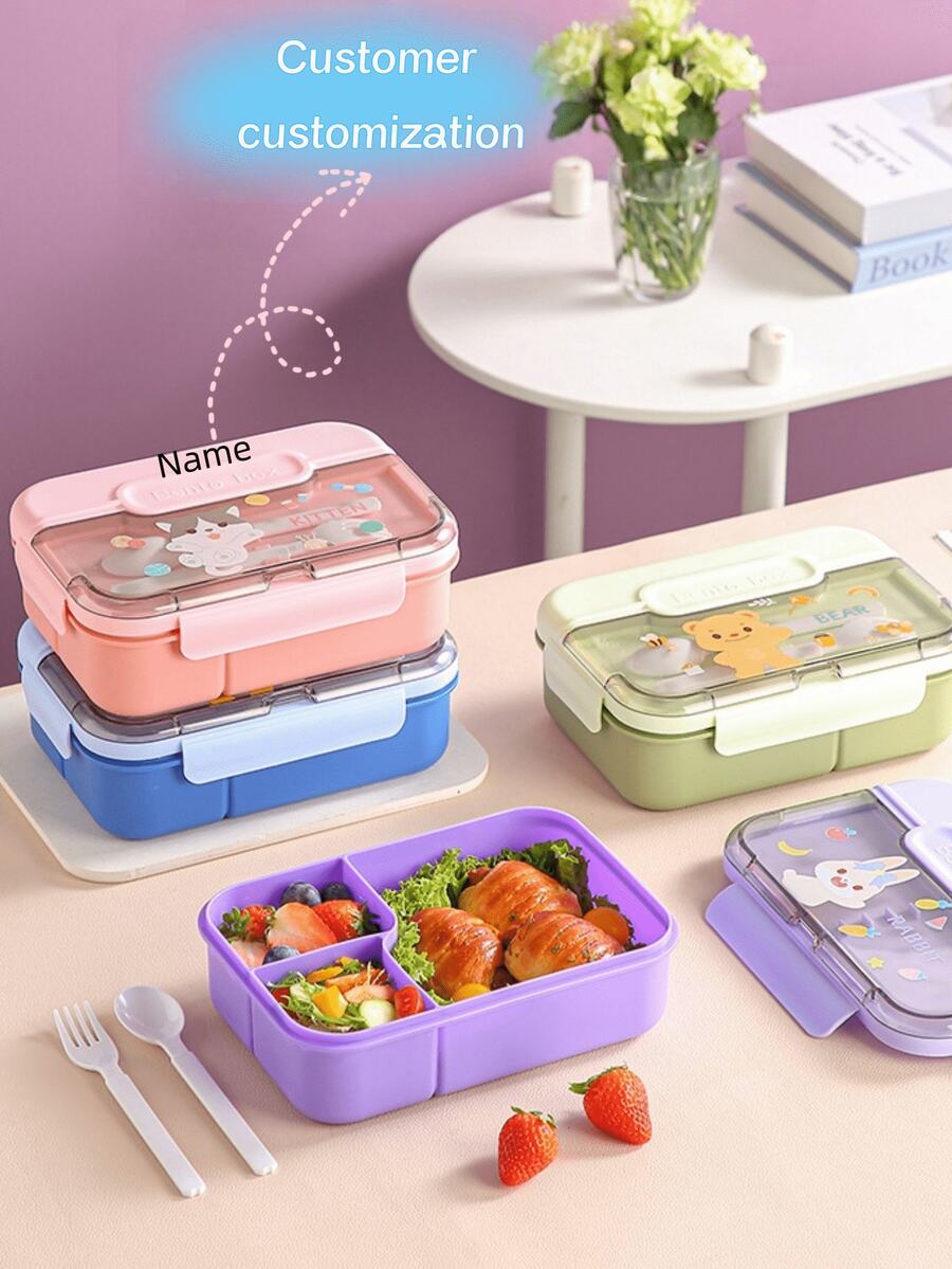 1pc Customizable Text Bento Box, Cute Cartoon Primary School Plastic Lunch Box, Sealed Salad Container, Compartment Lunch Box, Microwave , 4 Colors Available, Back To School Essential Lunch Box