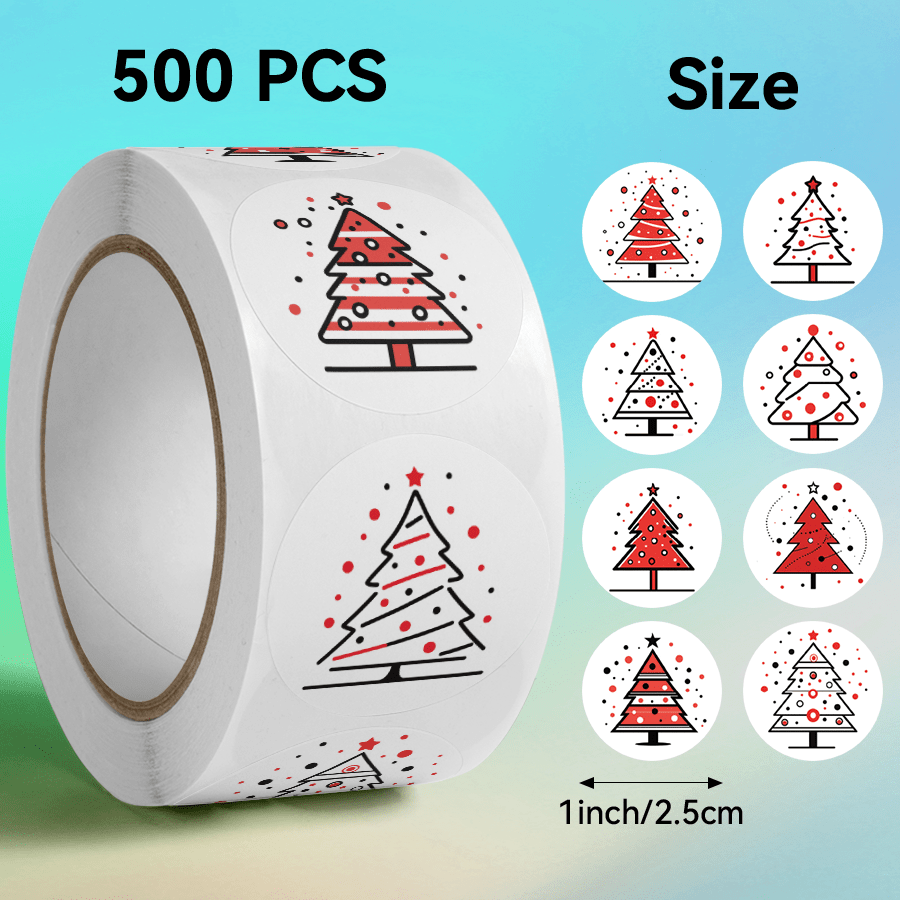 500张简约圣诞树贴纸，食品包装袋密封标签，厨房用品瓶装装饰标签，烟花派对气氛新年庆祝冬季假期圆形标签礼品，DIY装饰包装密封，不粘高品质，适用于办公用品、文具、笔记本等。低利润高 - 彩色 - 查看 2