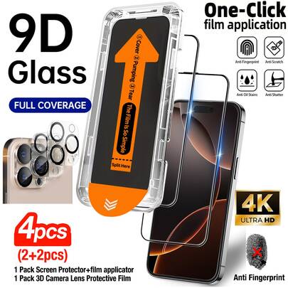 Yezodawee Bộ 4 trong 1: 2 miếng dán màn hình cường lực độ phân giải cao (kèm dụng cụ lắp đặt) + 2 miếng dán bảo vệ ống kính camera cường lực độ phân giải cao, độ cứng 9H chống vỡ, bộ dụng cụ tự căn chỉnh, tương thích với iPhone 17 Pro Max/17 Pro/17 Air/17/16 Pro Max/16 Pro/16 Plus/16E/16/15 Pro Max/14 Pro Max/13 Mini/12/11 Series, phủ toàn màn hình, chống bám vân tay, chống rơi vỡ, chống trầy xước.