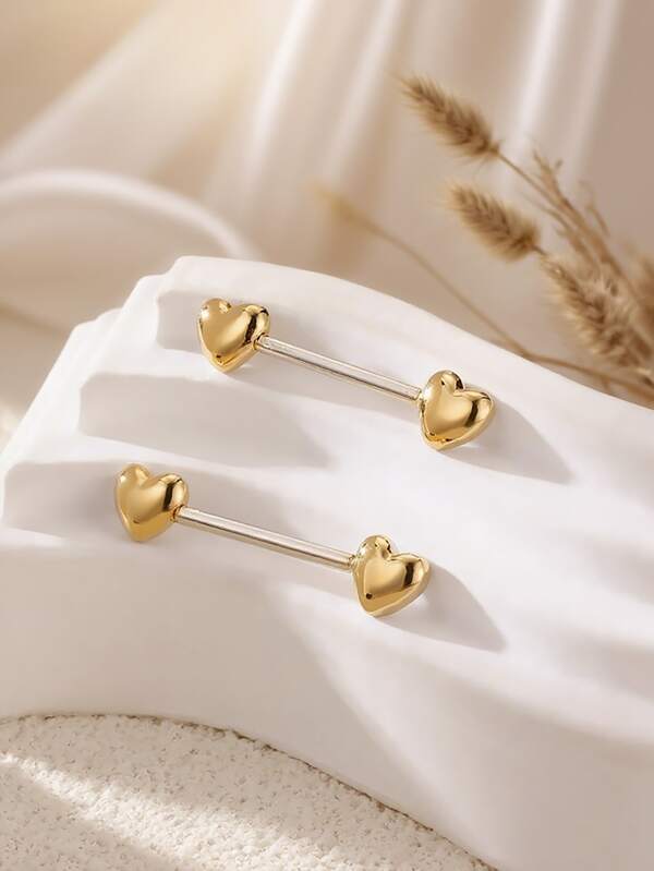 2pcs Fashionable Stainless Steel Heart Shaped Straight Bar Body Piercing Jewelry, Nipple Rings & Studs