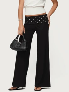 Womens Y2k Fold Over Elastic Casual Pants Stylish Low Waist Wide Leg Trousers Fashion Contrasting Color Yoga Pants Lightweight Comfy Lounge Sweatpants - 波點黑 - 查看 3