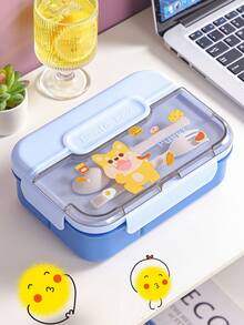1pc Customizable Text Bento Box, Cute Cartoon Primary School Plastic Lunch Box, Sealed Salad Container, Compartment Lunch Box, Microwave , 4 Colors Available, Back To School Essential Lunch Box
