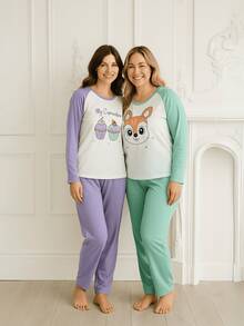 Kit With 2 Women's Winter Long Pajamas Assorted Prints In Premium Knit - 薄荷綠 - 查看 1