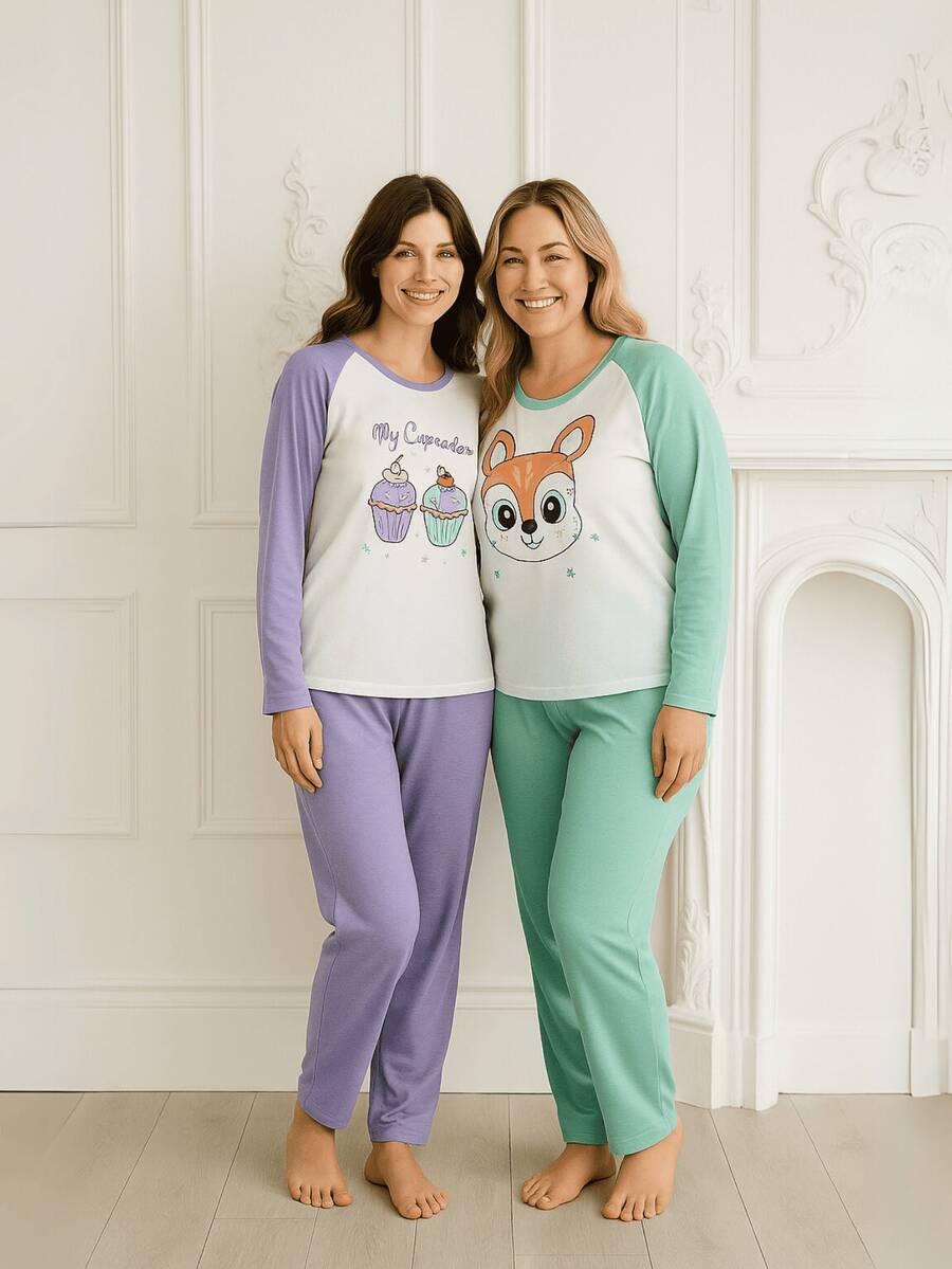 Kit With 2 Women's Winter Long Pajamas Assorted Prints In Premium Knit - 薄荷綠 - 查看 1