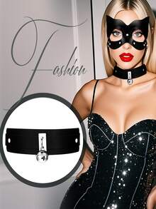 猫皮革化妆舞会面具颈链首饰套装，女士黑色半脸服装面具角色扮演派对道具万圣节 - 黑色 - 查看 9