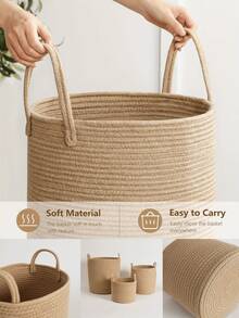 1pc Foldable Woven Laundry Basket With Handle, Hand-Woven, Large Capacity, Round Multi-Functional Storage Basket, Khaki And White Three Sizes Available, Suitable For Clothes, Blankets, Toys, Holiday Storage, Home Decoration, Suitable For Laundry Room, Bathroom, Bedroom, Living Room, Corridor Laundry Basket, Laundry Basket, Bathroom Storage Basket, Basket, Storage Basket, Foldable Laundry Basket