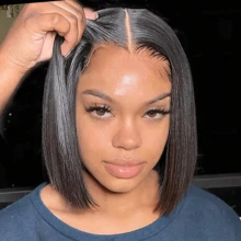 14 Inch Black Straight Human Blended Hair Bob Wigs 13x4 13x6 HD Transparent Lace Frontal Weaves Wigs 200% Density Pre Plucked Nature Hairline And Pre-Bleached Invisible Knots 4x4 Glueless Lace Front Wigs For Black Women - Natural & Black - View 2