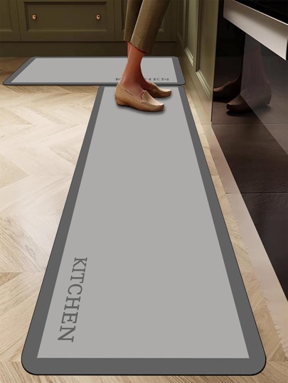 One Piece And Set Of Gray Background English Letters And Border Pattern, Minimalist Abstract Style Cushioned Anti-Fatigue Carpet, About 3 Mm Thickness Ultra-Soft Absorbent, Lightweight Polyester Rectangular Design With Rubber Backing Floor Mat, With Durability And Comfort, Front Fabric, Middle Sponge, Bottom Rubber Material, Suitable For Kitchen, Bathroom, Entrance Door, Laundry Room And Other Places
