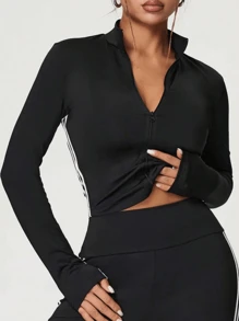 女士拉链条纹瑜伽夹克，长袖运动健身背心修身条纹立领短款夹克，慢跑健身摩托车夹克瑜伽