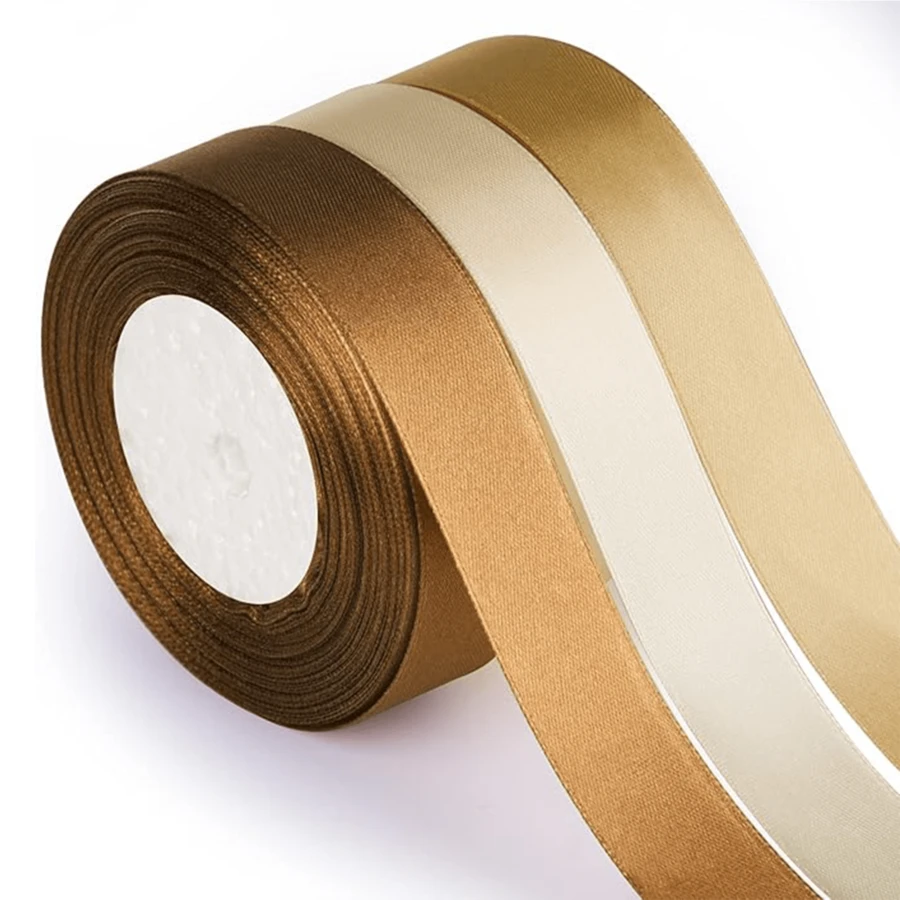 3 Pcs Satin Ribbon, 25 Yards Craft Fabric Ribbon, Thin Solid Color Satin Ribbon For Gift Wrapping, Floral Bouquets, Bows, Wedding Party Decoration (Red, Pink, Blue, Brown Gold) - Vàng - Xem 1