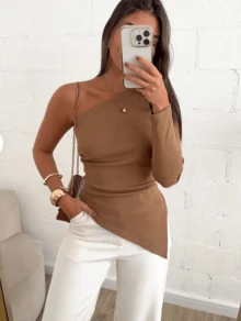 Elegant Cotton Asymmetric Ribbed Mule Manca Blouse - khỏa thân - Xem 3