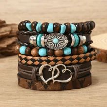 Set de 6 piezas con brazalete vintage de estilo punk con turquesa, pluma, concha de coco, cuentas de madera y rombo - Multicolor - Ver 18
