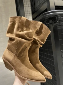 Maillard Color Boots, Retro Pointed Toe Western Style Chunky Heel Suede Mid-Calf Boots, Solid Color Riding Boots, Slip-On Slouchy Boots, Boots, Yellow Boots