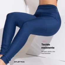 Calça Legging Com Bolso Academia Feminina Cintura Alta Atletyca Fitness Roupa Academia - Azul - Visão 5