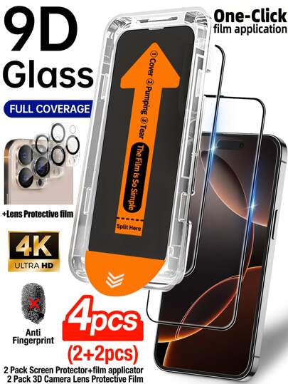 Yezodawee 4 Piece Set 2pcs HD Clear Tempered Glass Screen Protector With Install Kit With 2Pcs HD Clear Camera Lens Protector 9H Hardness Shatterproof Tempered Glass Film Auto-Alignment Kit Compatible With IPhone 17 Pro Max/17 Pro/17 Air/17/16 Pro Max/16 Pro/16 Plus/16E/16/15 Pro Max/14 Pro Max/13 Mini/12/11 Series, Full Coverage Anti-Fingerprints, Anti-Fall, Anti-Scratch
