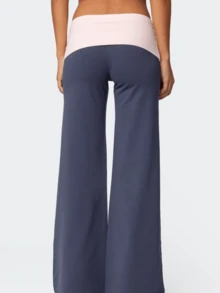 Womens Y2k Fold Over Elastic Casual Pants Stylish Low Waist Wide Leg Trousers Fashion Contrasting Color Yoga Pants Lightweight Comfy Lounge Sweatpants - 藍色 - 查看 3