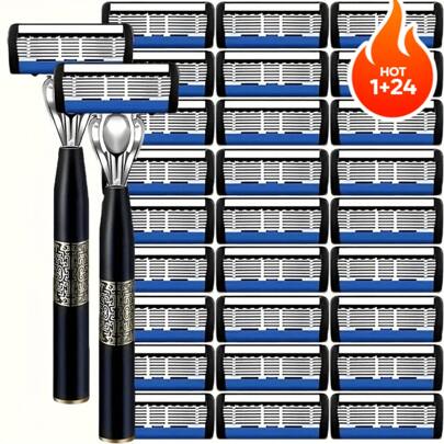 Men's Manual Six Layer Shaver, Razor Blade Replacement, Non Slip Handle, Safe Old-Fashioned Shaver, Blade Head With Lubrication Strip