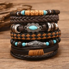 Set de 6 piezas con brazalete vintage de estilo punk con turquesa, pluma, concha de coco, cuentas de madera y rombo - Multicolor - Ver 6