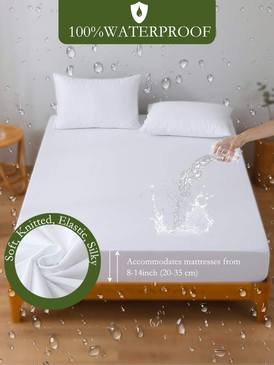 1pc Solid Color Waterproof Mattress Protector, Ultra Soft Jersey Knit Fitted Sheet, Breathable & Noiseless, Stretch High Elasticity Bed Cover - Easy Care For Bedroom, Hotel, Dorm, Suitable For All Season (No Pillowcase)