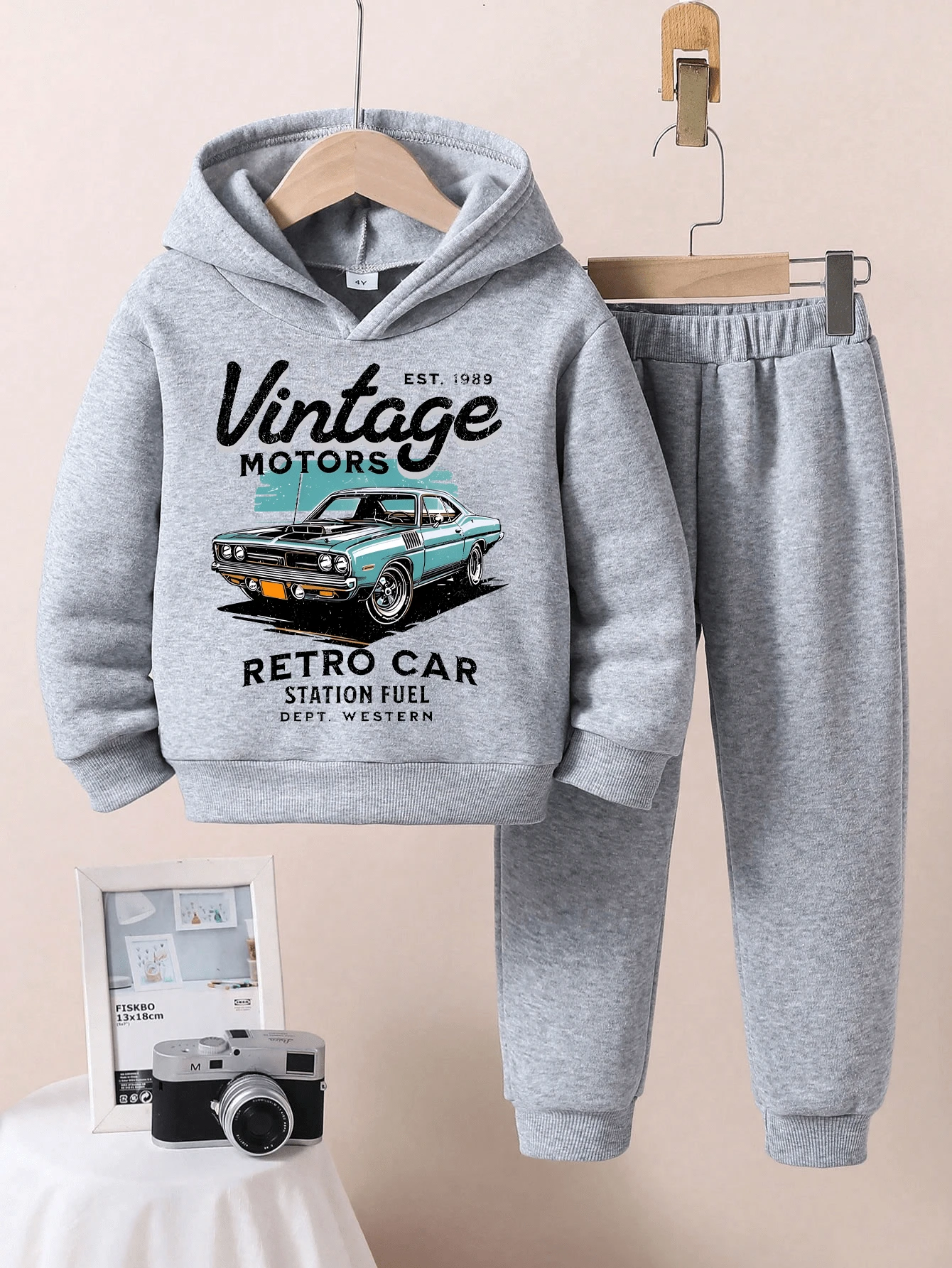 Toddler Car Print Warm Hoodie Sweatshirt And Pants Set - Grey - View 1