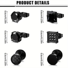 6對黑色耳釘套裝,男女通用杠鈴耳釘,不鏽鋼耳針,圓形假插頭耳環,仿螺紋花鼓穴 - 黑色 - 查看 3