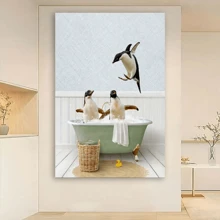 1 pieza Impresión artística de pingüino en la hora del baño - Póster de decoración de pared de lienzo, estilo moderno art decó retro, impresión de animal de interior para oficina, baño, sala de estar, cocina, dormitorio - Obra de arte de tinta con tema de pájaros, decoración creativa para el hogar, pósteres decorativos de alta calidad, dormitorio, gimnasio, bar, cafetería, arcade, decoración de pared de sala de estar, regalo perfecto. Sin marco
