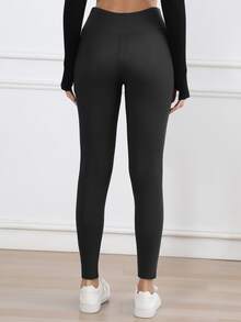 1 pieza Leggings térmicos de cintura alta para mujer en invierno, con bolsillos, lavables a máquina, de tela de punto