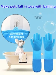 Pet Bathing Gloves, Dog & Cat Grooming Brush Gloves, Extra Long Silicone Anti-Scratch Massage Gloves For Shedding, Pet Cleaning Supplies