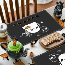 1 pieza/4 piezas/6 piezas Manteles individuales de lino con estampado de fantasmas, Halloween, regalo de Halloween, adecuado para mesa de comedor, decoración para todas las estaciones, manteles individuales lavables, decoración de habitación, manteles individuales, posavasos, manteles de mesa de cocina y comedor, decoración de fiesta interior y exterior, decoración del hogar, regalo ideal