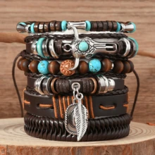 Set de 6 piezas con brazalete vintage de estilo punk con turquesa, pluma, concha de coco, cuentas de madera y rombo - Multicolor - Ver 10