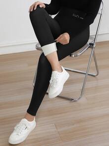 Colanți skinny cu talie înaltă și căptușeală termică pentru femei, 2 buc., de iarnă, casual, pentru exterior, bleumarin și negru, din fleece