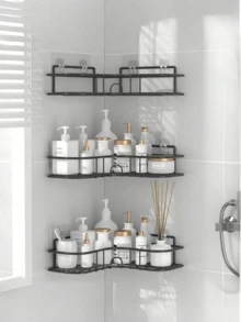 2 طقم رفوف زاوية للحمام، 2 عبوة رفوف للحمام، سلة رف حمام لاصقة مع خطافات، حامل حمام معدني مقاوم للصدأ، سوداء للعودة إلى المدرسة