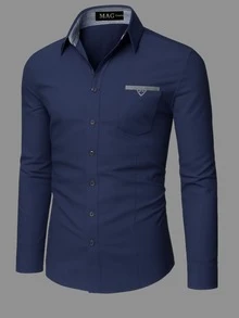Men's Long Sleeve Slim Fit Office Casual Church Shirt Good Quality With Spandex Father's Day - 藏蓝色 - 查看 3