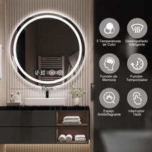 espejos De Pared Con Luz Led,espejo Para Baño Redondo 60 X 60 Cm,botones Táctiles Inteligentes Con Ajuste De Hora,antivaho Y Función De Memoria , Espejo Regulable Y Con 3 Temperaturas De Color - Tipo de Enchufe A USA (110-127V) - Ver 2