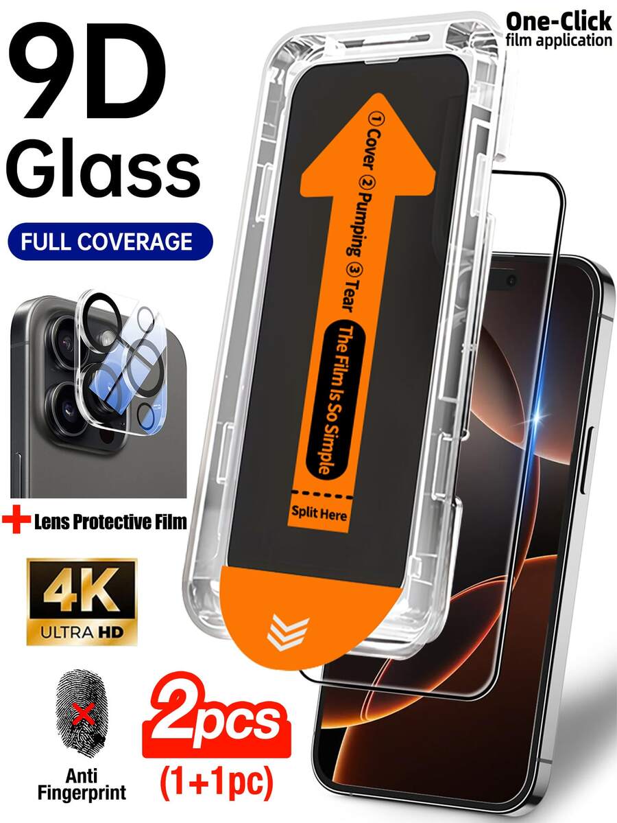 Yezodawee 2pcs High-Definition Tempered Glass Screen Protector, Includes Installation Tool Kit And High-Definition Transparent Camera Lens Protector, 9H Hardness Shatterproof Tempered Glass Film, Auto-Alignment Tool Kit, Compatible With IPhone 16 Pro Max/16 Pro/16 Plus/16E/16/15 Pro Max/14 Pro Max/13 Mini/12/11 Series, Full Coverage, Anti-Fingerprint, Anti-Drop, Anti-Scratch - 1+1 - View 1