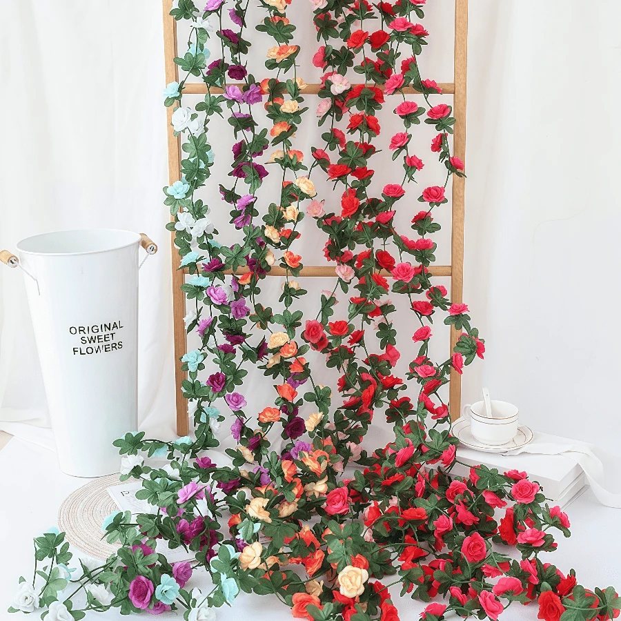 2pcs Artificial Hanging Rose Vine Fake Flower Garland With Green Leaves, Suitable For Home Decor, Room Decor, Wall Decor, Garden Decor, Indoor/Outdoor Decor, Wedding Arch Floral Decor, Bedroom Decor, Tabletop Decor, Party Decor, Birthday Decor, Spring Decorations, Valentine's Day Decorations - Multicolor - View 1