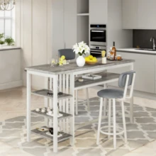 Bar Table Set For 2 With 4 Storage Shelves, 47" Modern Breakfast Table And 2 Upholstered Counter Stools W/ Backrest And Footrest, 3-Piece Dining Set For 2, Space Saving Bar Height Table And Chairs For Kitchen,Dining Room, Living Room - 淺灰色 - 查看 7