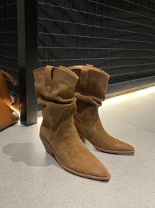 Maillard Color Boots, Retro Pointed Toe Western Style Chunky Heel Suede Mid-Calf Boots, Solid Color Riding Boots, Slip-On Slouchy Boots, Boots, Yellow Boots