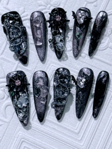 1包/10件万圣节 - 手工可穿戴指甲长尖暗龙辣妹风格Y2K指甲片性感酷炫指甲贴假指甲美甲按压指甲美甲用品指甲 - 黑色 - 查看 8