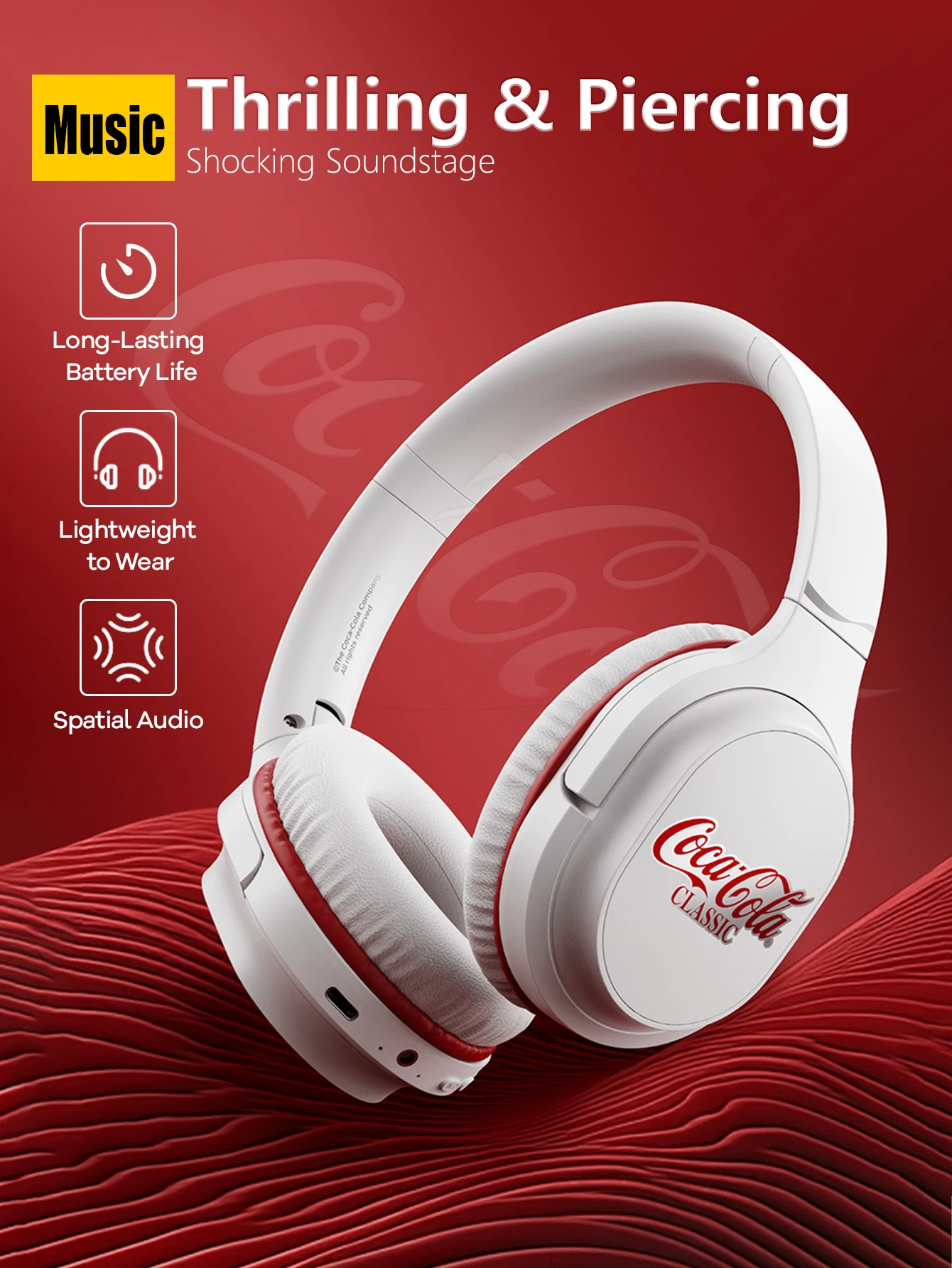 Coca Cola Stereo Bluetooth Headphones Over Ear, 10 Hours Playtime Wireless Headphones With Up To 300 Hours Battery Standby, Support Answer Call(Black), Wired Mode, Type C Port, Premium Gift For Friend, Classic Best Seller Of Store, Foldable & Portable, Black - T18-multicolor - View 1