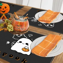 1 pieza/4 piezas/6 piezas Manteles individuales de lino con estampado de fantasmas, Halloween, regalo de Halloween, adecuado para mesa de comedor, decoración para todas las estaciones, manteles individuales lavables, decoración de habitación, manteles individuales, posavasos, manteles de mesa de cocina y comedor, decoración de fiesta interior y exterior, decoración del hogar, regalo ideal