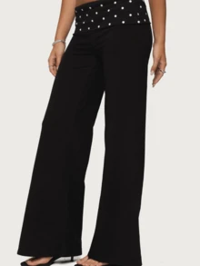 Womens Y2k Fold Over Elastic Casual Pants Stylish Low Waist Wide Leg Trousers Fashion Contrasting Color Yoga Pants Lightweight Comfy Lounge Sweatpants - 波點黑 - 查看 2