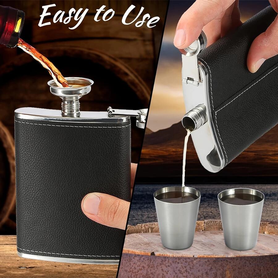 1pc Black Leather Grain Flask, 8oz Stainless Steel Soft Touch Leather Flask, Whiskey, Rum And Vodka Bottle, Suitable For Gifting - For Men And Women
