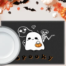 1 pieza/4 piezas/6 piezas Manteles individuales de lino con estampado de fantasmas, Halloween, regalo de Halloween, adecuado para mesa de comedor, decoración para todas las estaciones, manteles individuales lavables, decoración de habitación, manteles individuales, posavasos, manteles de mesa de cocina y comedor, decoración de fiesta interior y exterior, decoración del hogar, regalo ideal