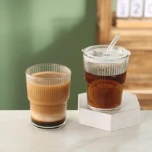 360ml Striped Glass Cup With Straw & Lid, 1/2/4 Counts Clear Glass Tumbler Cup, Straw Drinking Cup For Home Office Use, Gift For Women, Boyfriend Gift, Easter Gifts, Kitchen Accessories, Serving Kitchenware, Drinking Glassware, Drinkware - 1 瓶 360 毫升 - 查看 7