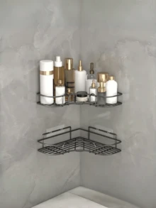 2 طقم رفوف زاوية للحمام، 2 عبوة رفوف للحمام، سلة رف حمام لاصقة مع خطافات، حامل حمام معدني مقاوم للصدأ، سوداء للعودة إلى المدرسة